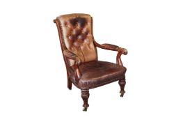 AN EARLY VICTORIAN MAHOGANY AND LEATHER-UPHOLSTERED LIBRARY ARMCHAIR, MID 19TH CENTURY