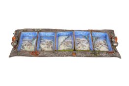 A CHINESE PEWTER TRAY SET WITH FIVE CANTON ENAMEL DISHES