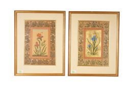 A COLLECTION OF DECORATIVE OBJECTS INCLUDING A PAIR OF PERSIAN GOUACHE BOTANICAL STUDIES, MIRRORS, A