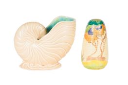 A CLARICE CLIFF RHODANTE PATTERN SUGAR SHAKER AND A CLARICE CLIFF NAUTILUS SHELL VASE