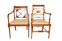 A PAIR OF SHERATON REVIVAL ELBOW CHAIRS, CIRCA 1900