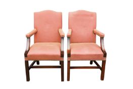 A PAIR OF GAINSBOROUGH STYLE ARMCHAIRS WITH FABRIC UPHOLSTERY