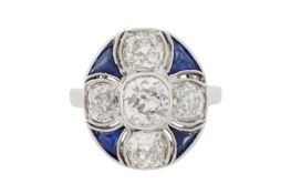 A SAPPHIRE AND DIAMOND PLAQUE RING