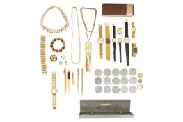 A COLLECTION OF WATCHES, COINS, PENS, AND COSTUME JEWELLERY