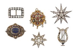 FIVE BROOCHES AND A BELT BUCKLE