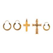 Two cross pendants and three hoop earrings