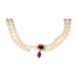 A cultured pearl, ruby and diamond necklace