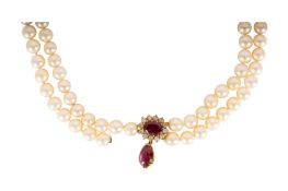 A cultured pearl, ruby and diamond necklace
