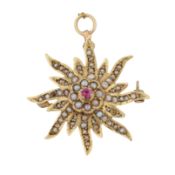 A ruby and seed pearl brooch / pendant