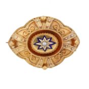 An enamel and seed pearl brooch