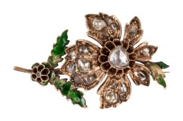 A green enamel diamond flower brooch
