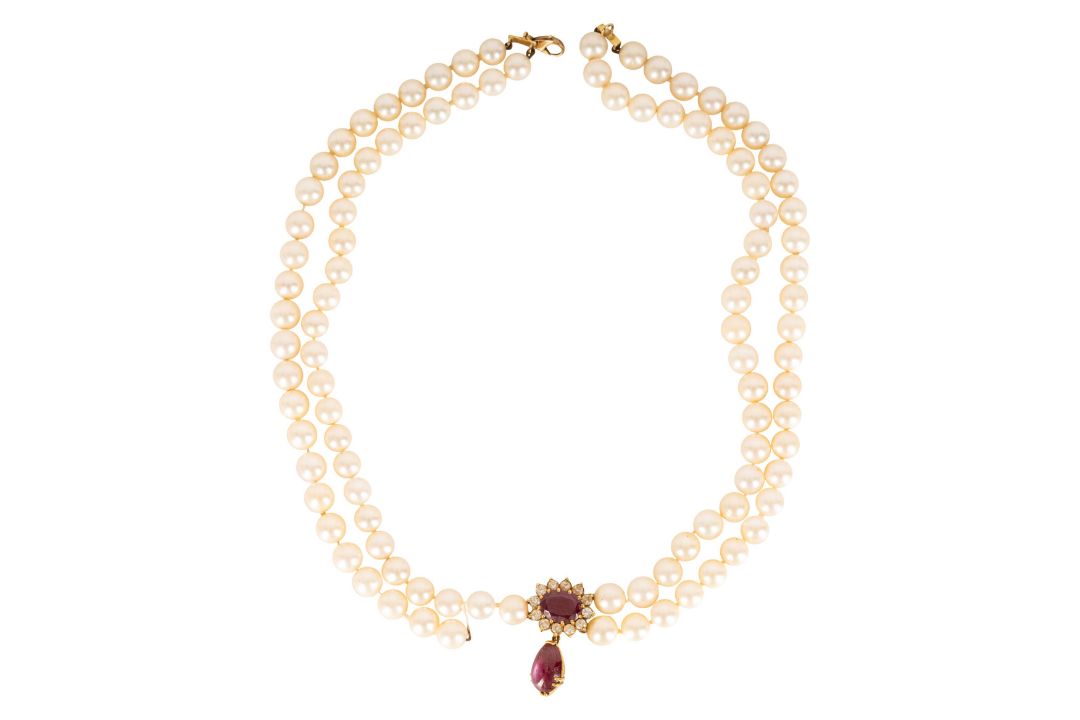 A cultured pearl, ruby and diamond necklace - Image 2 of 2