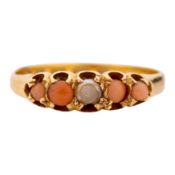 A coral and seed pearl five stone ring