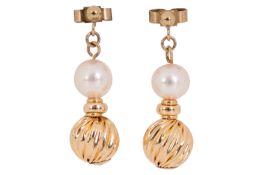 A pair of cultured pearl pendent earrings