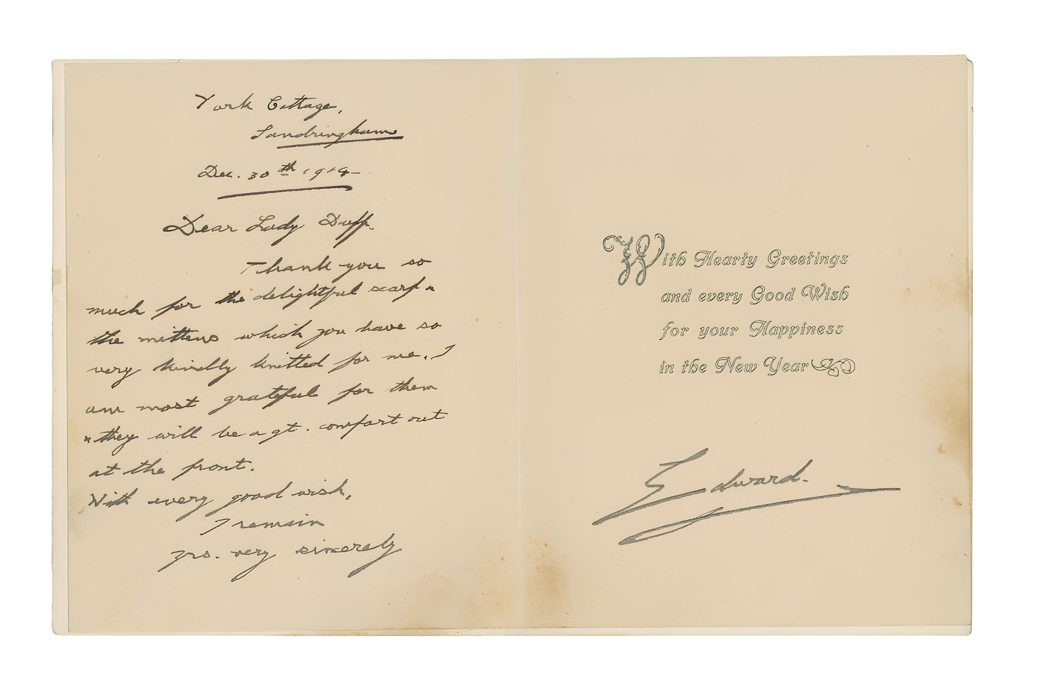 Edward, Prince of Wales Scarce New Year card from Edward Prince of Wales to Lady Duff