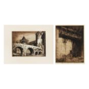 § Sir Frank Brangwyn R.A. (British, 1867-1956) Old Houses, St Cirq and Carcassonne, Moat 