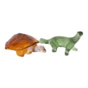 Lalique, Paris Green glass Komodo dragon and amber glass turtle, contemporary 