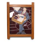 A leaded and stained glass sign depicting the W. H. Smith Newsboy