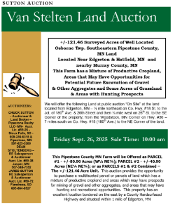 Van Stelten – +/-121.46 Surveyed Acres of Osborne Twp. Southeastern Pipestone Co., MN Land