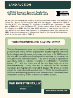 M&M Investments -  +/-73.06 Surveyed Acres of Productive Highland Township Minnehaha SD Land