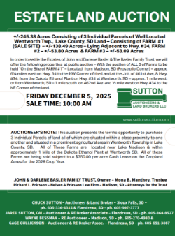 Basler - +/-245.38 Acres Consisting of 3 Individual Parcels of Well Located  Wentworth Twp.,  Lake County, SD Land