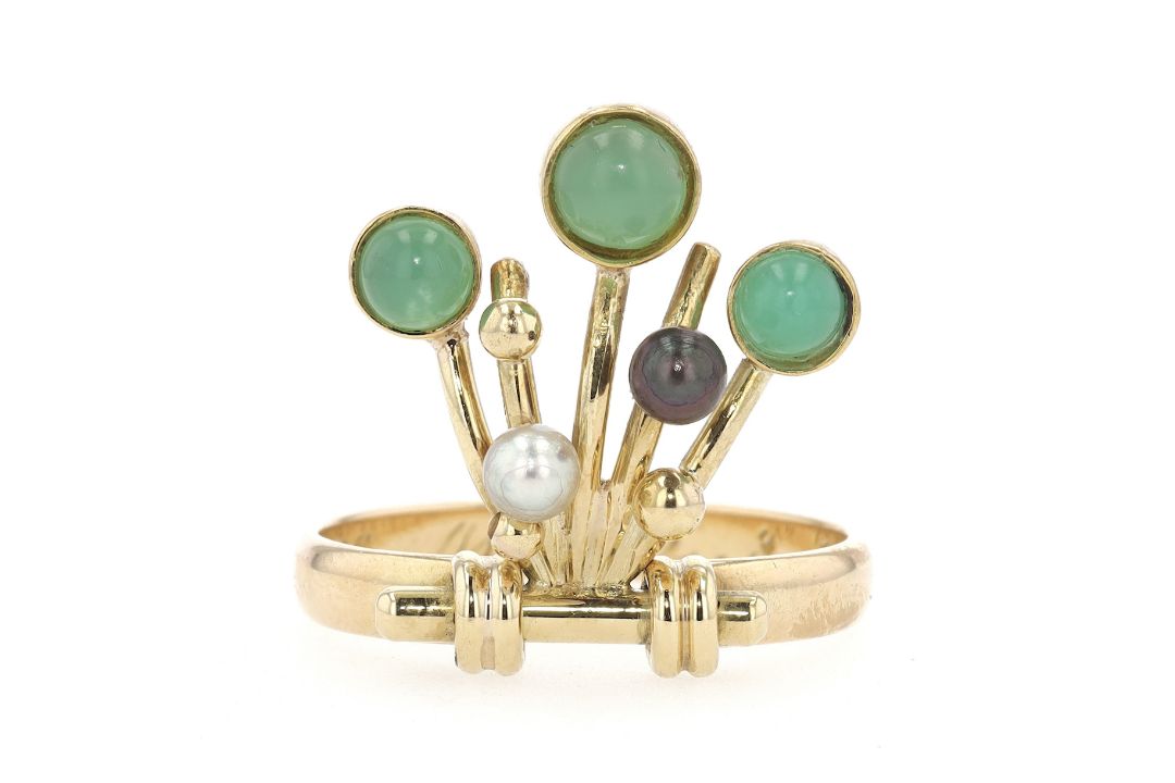 Ring in 585er Gold mit Chrysopras und Zuchtperlen  - Bild 1 aus 6