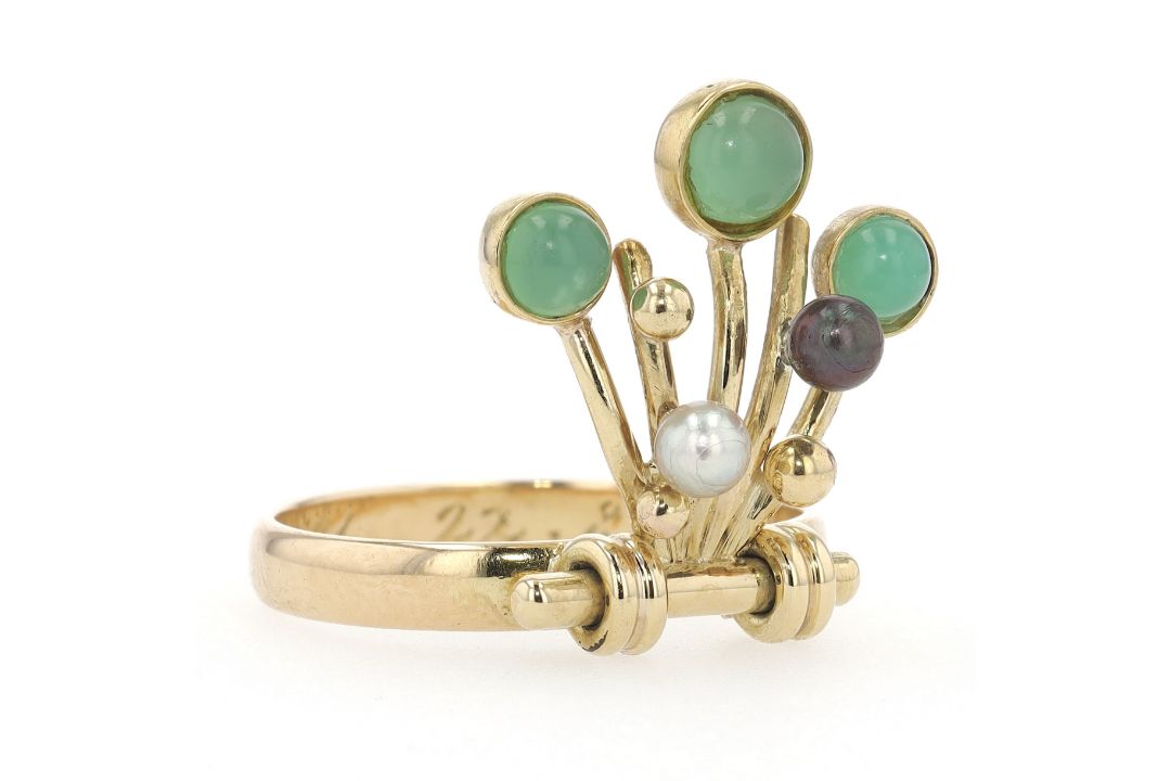 Ring in 585er Gold mit Chrysopras und Zuchtperlen  - Bild 3 aus 6