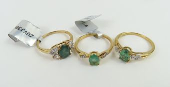 A 9ct gold emerald and white stone dress ring, fin