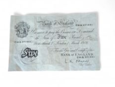 Bank of England white £5 note dated March 1956, se