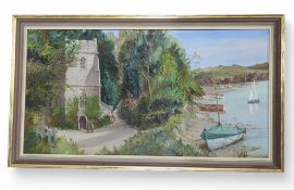 Lester Atack (British 1900-1993), Church by a harb