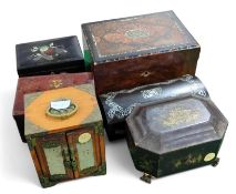 A collection of six unique boxes and caddies. Incl