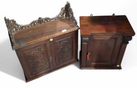 A pair of wall unique shelves. One oak, with upper