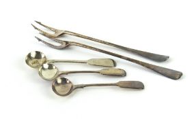 Two silver pickle forks and three cruet spoons