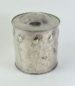 An Arts & Crafts silver barrel with lid