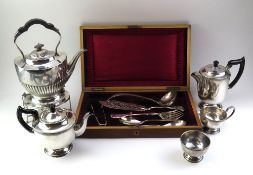 A silver-plated spirit kettle and others