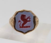 A 9ct rose gold sardonyx seal engraved signet ring