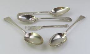Four Georgian silver tablespoons and a fork