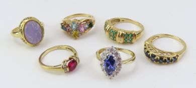 Six 14ct gold gemstone set dress rings, of varying