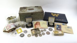 A collection of coinage and notes including a repl
