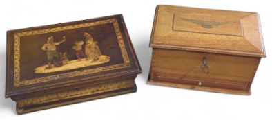 A stained marquetry box, the lid with image of a s