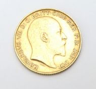 A 1908 King George V half sovereign, 4g gross