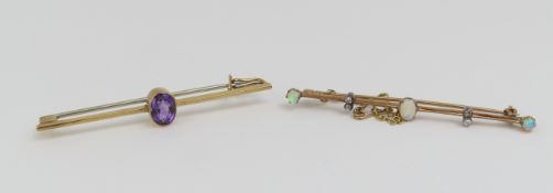 An unmarked opal and diamond bar brooch, the three