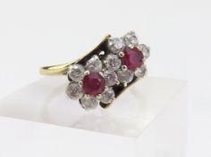 A 9ct gold ruby and white stone double cluster ring, f