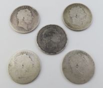 A group of five George III silver crowns, includin