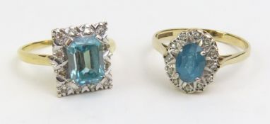 A 9ct gold blue topaz and diamond cluster ring, fi