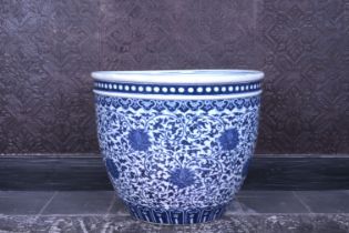 A Chinese blue and white 'lotus scrolls' jardiniere, 20th C.