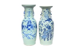 Two Chinese blue and white celadon ground vases with an Immortal and mythical animals, 19th C.