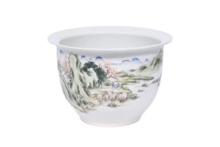 A Chinese qianjiang cai jardiniere with an animated river landscape, 19th/20th C.