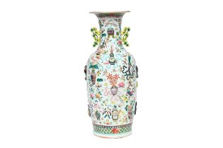 A Chinese famille rose vase with applied antiquities design, 19th C.