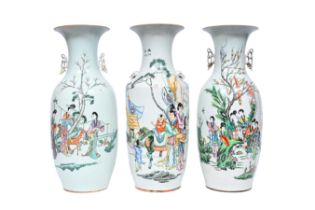 Three Chinese famille rose and qianjiang cai vases with animated scenes, 19th/20th C.